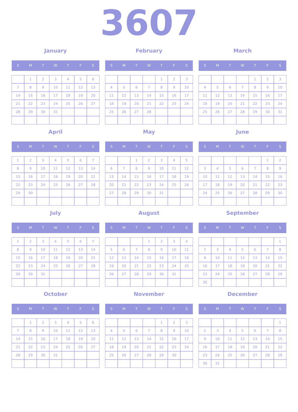 Printable 3607 Year Calendars periwinkle