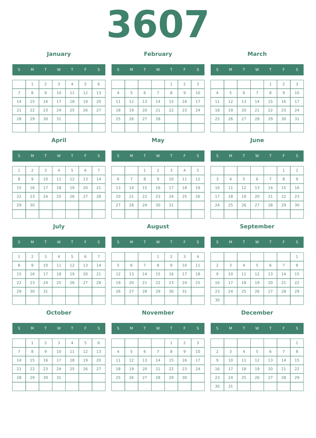 Printable 3607 Year Calendars viridian