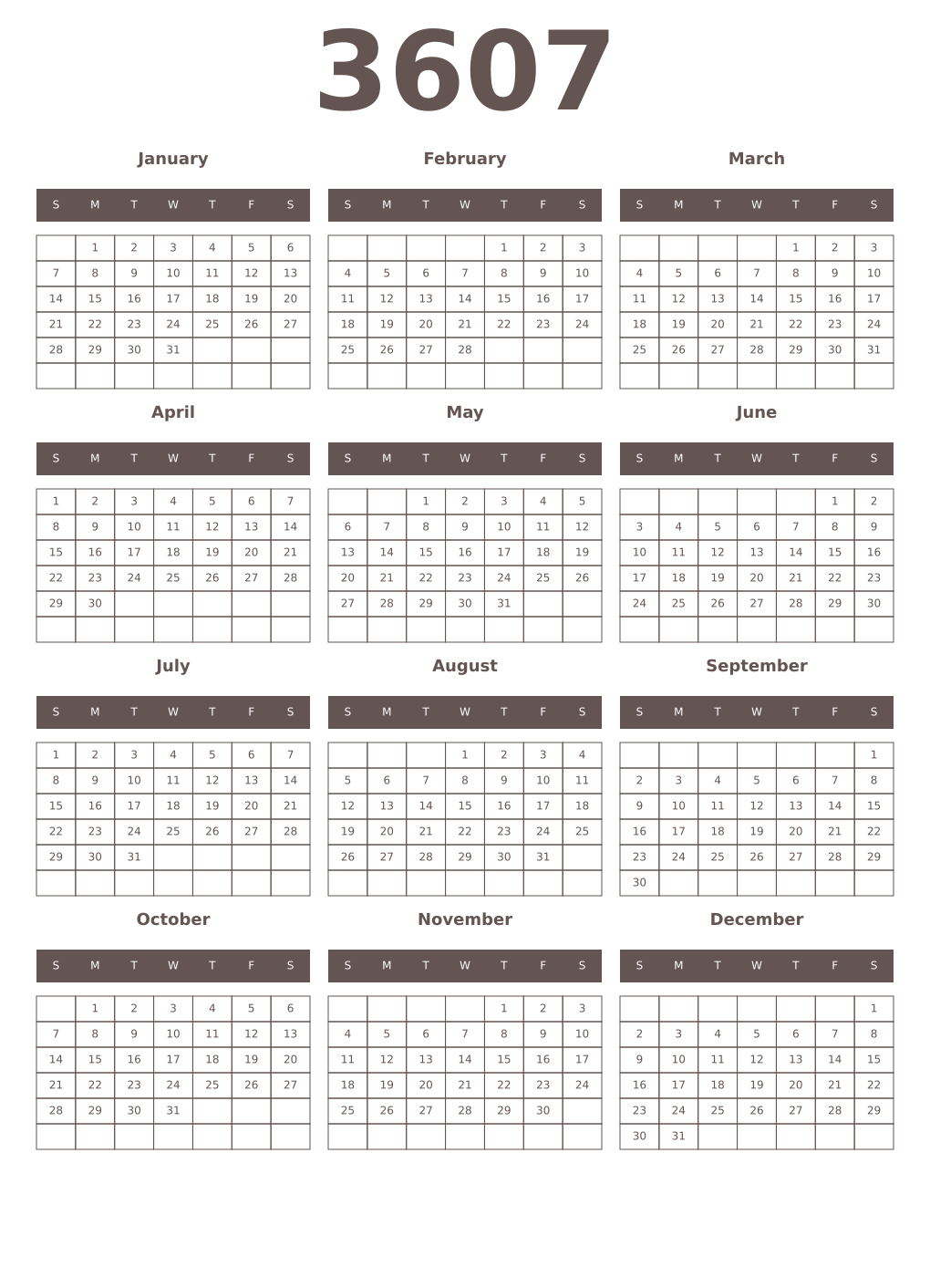 Printable 3607 Year Calendars wenge