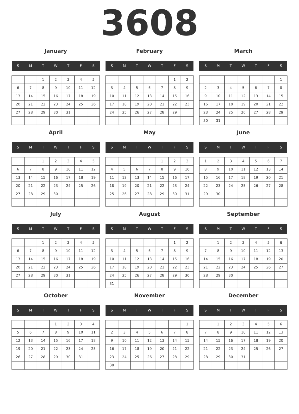Printable 3608 Year Calendars dark