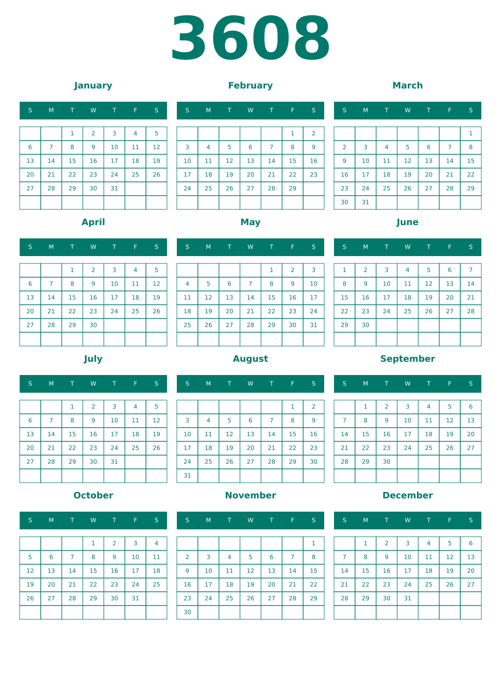 Printable 3608 Year Calendars pastel