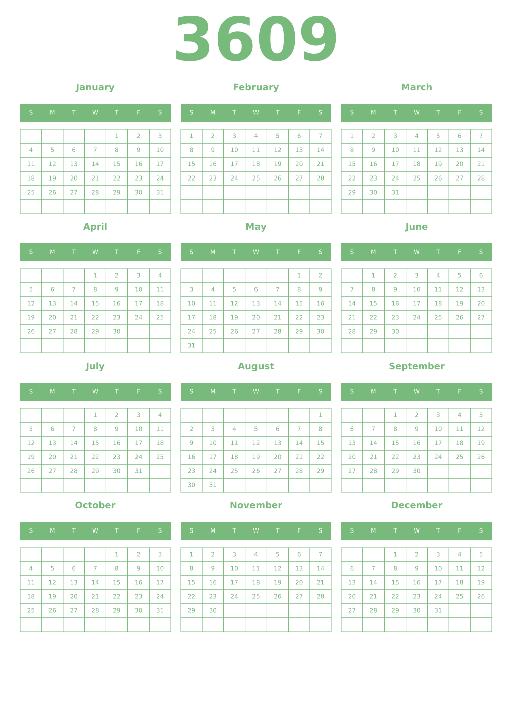 Printable 3609 Year Calendars celadon