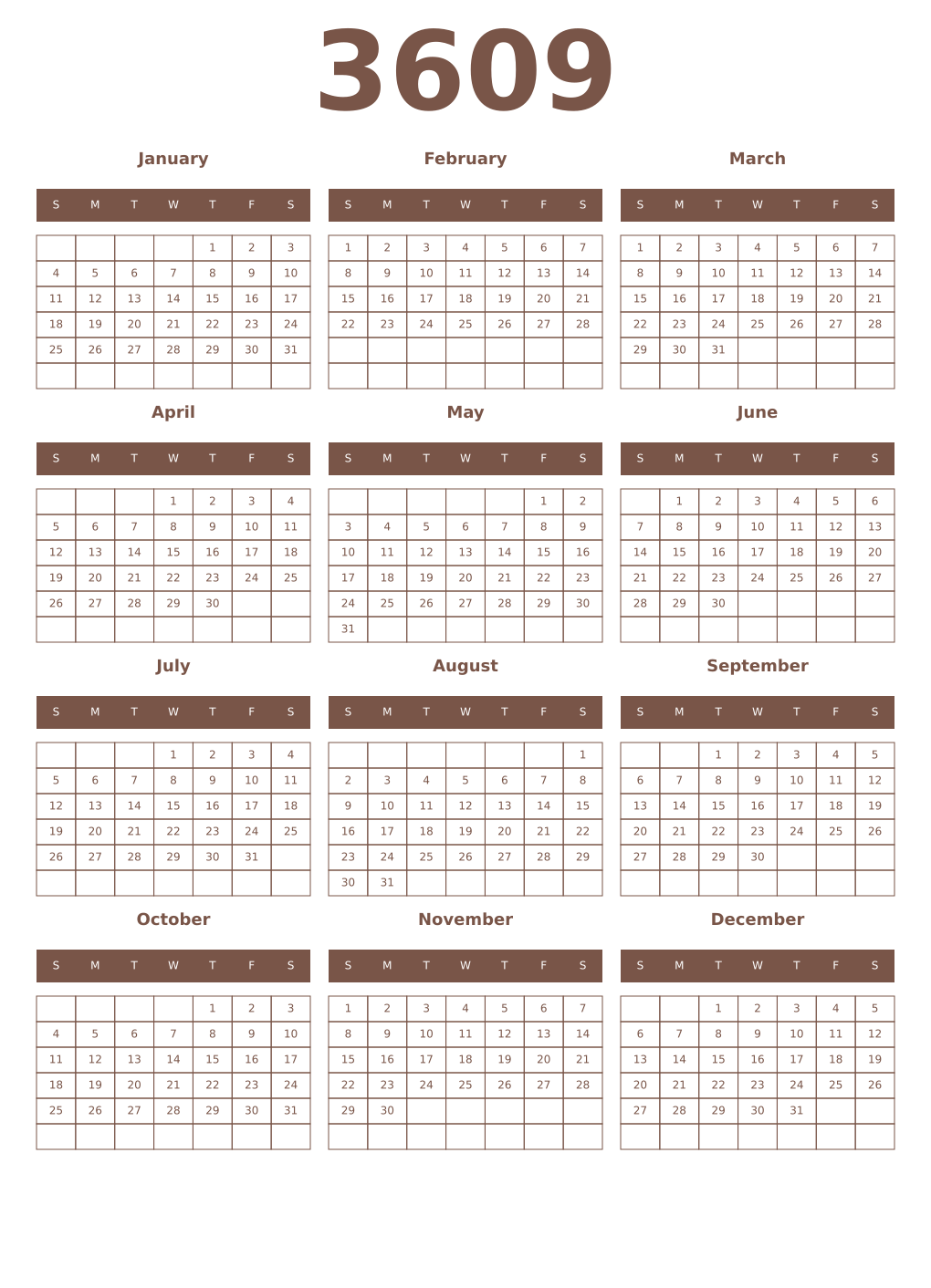 Printable 3609 Year Calendars coffe