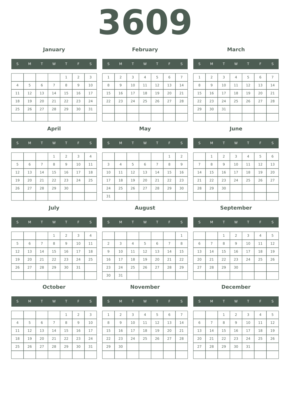 Printable 3609 Year Calendars feldgrau