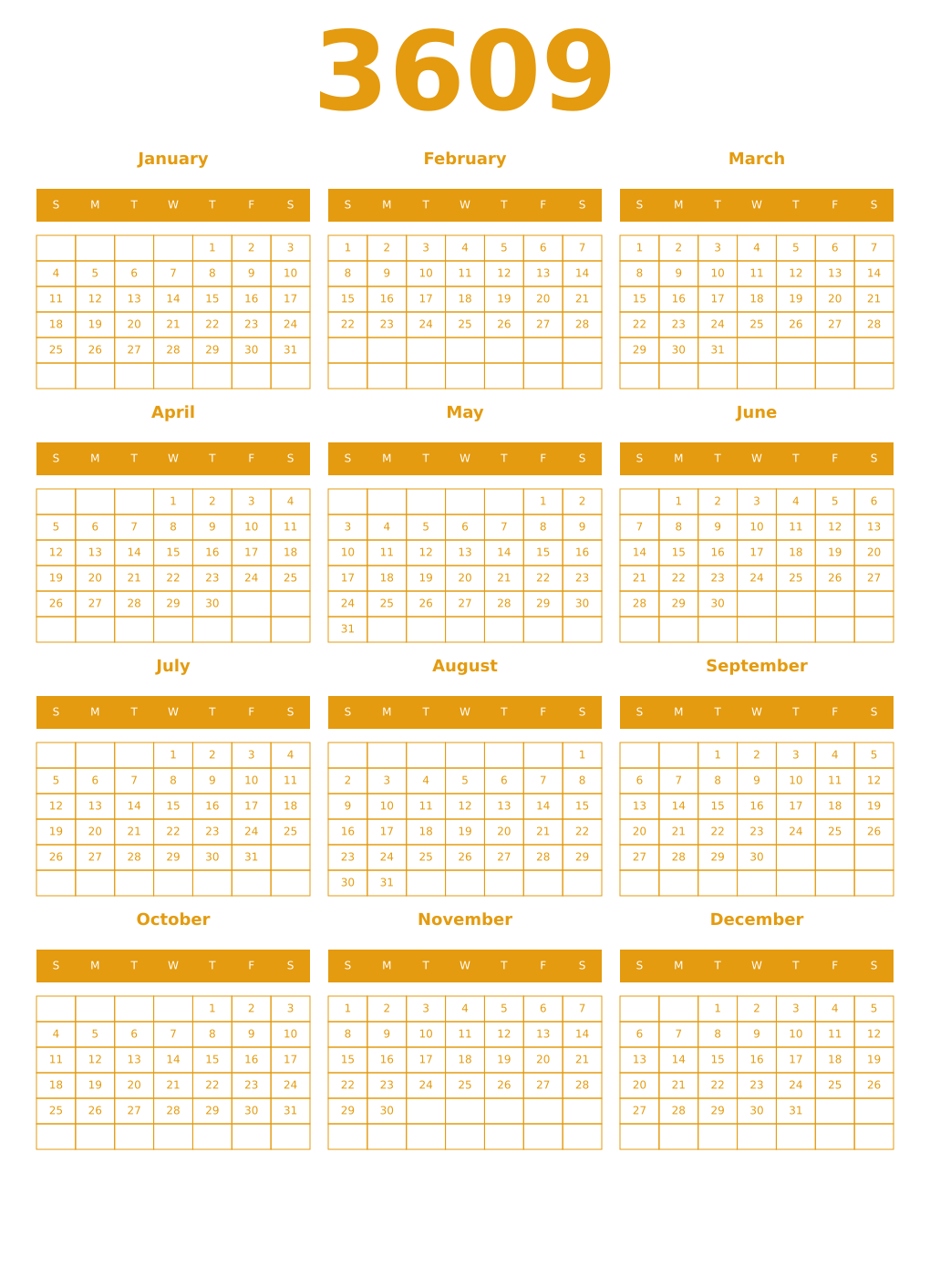 Printable 3609 Year Calendars gamboge