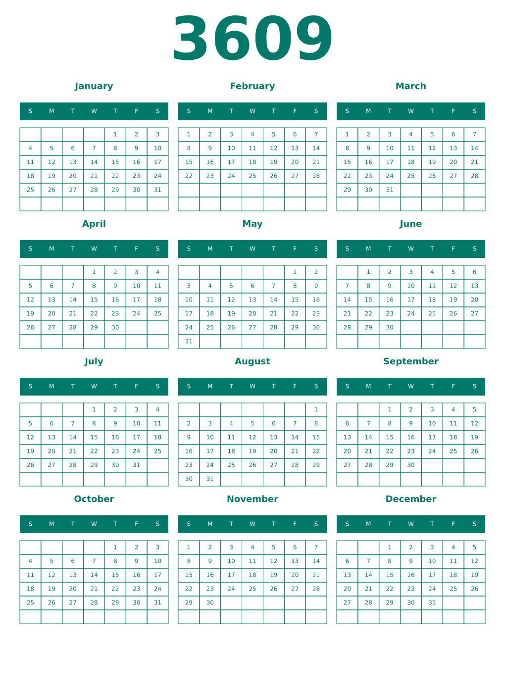 Printable 3609 Year Calendars pastel