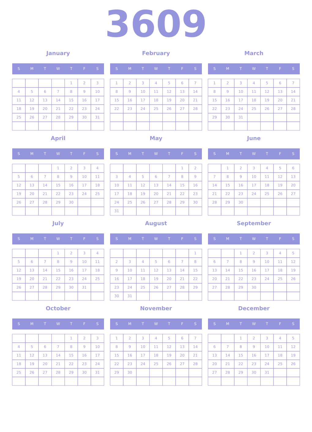 Printable 3609 Year Calendars periwinkle