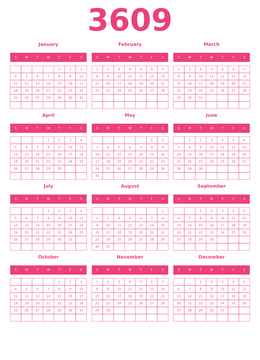Printable 3609 Year Calendars pink