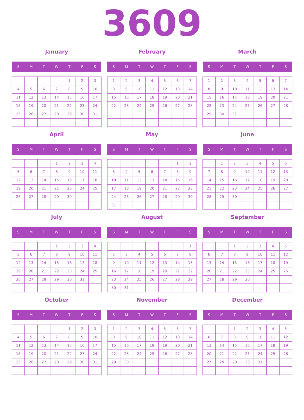 Printable 3609 Year Calendars purple