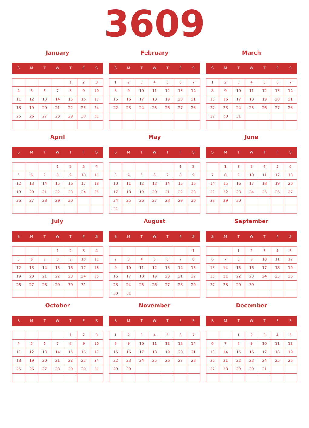 Printable 3609 Year Calendars red