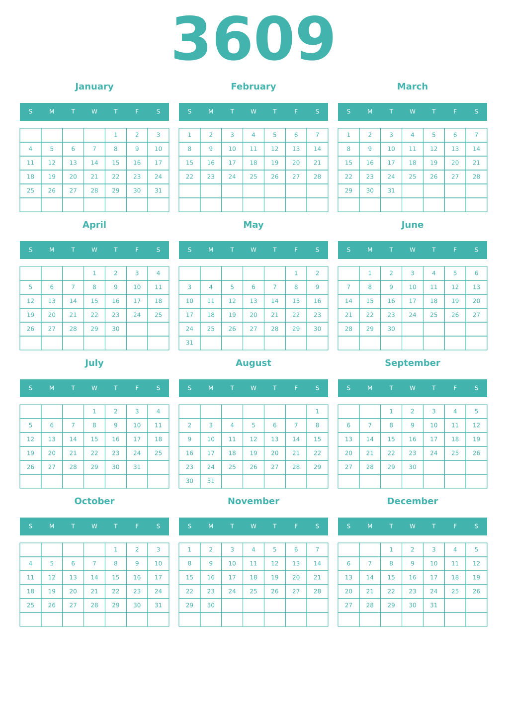 Printable 3609 Year Calendars verdigris