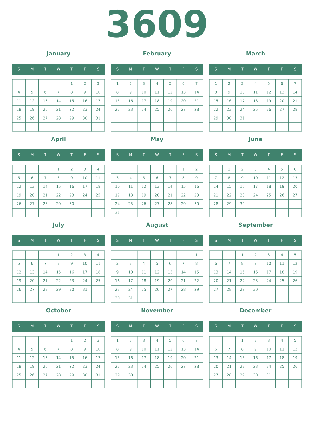 Printable 3609 Year Calendars viridian