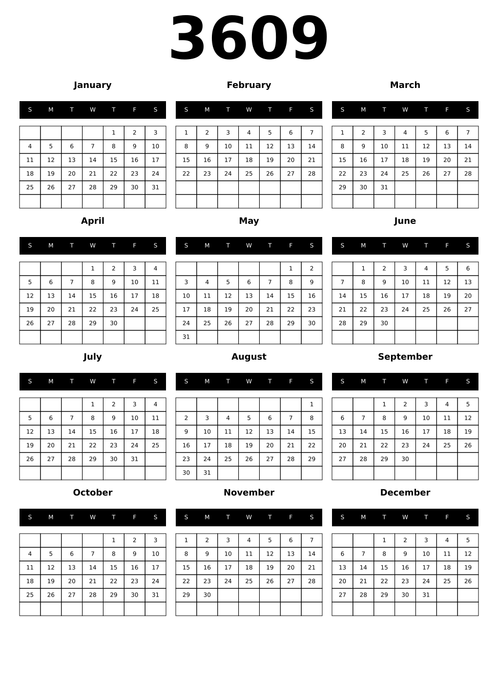 Printable 3609 Calendars