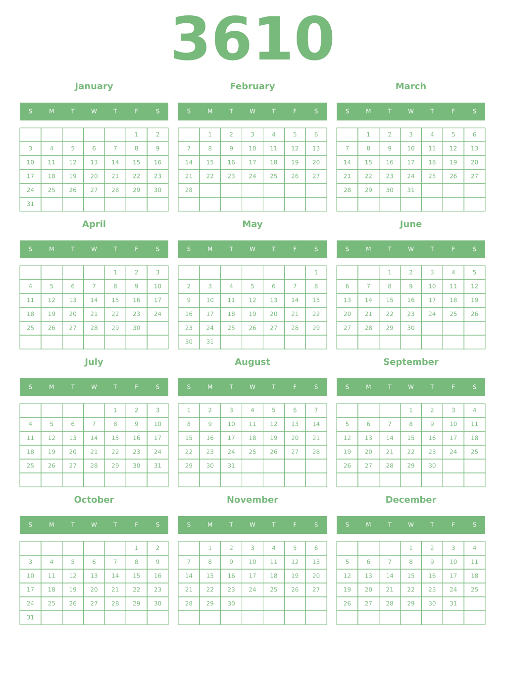 Printable 3610 Year Calendars celadon