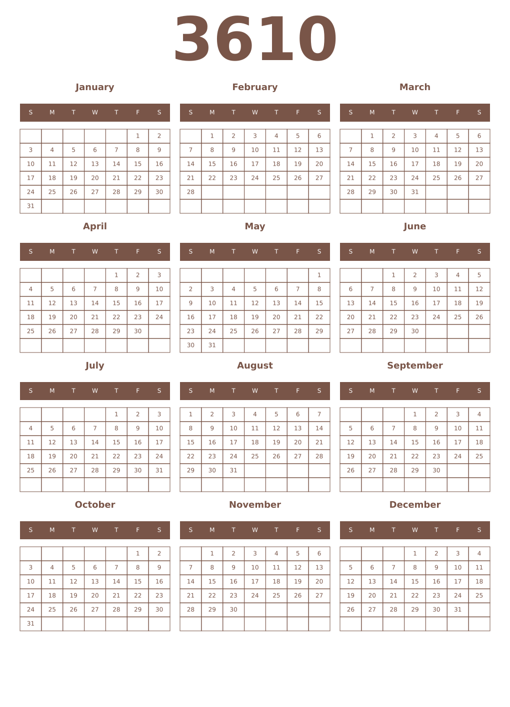 Printable 3610 Year Calendars coffe