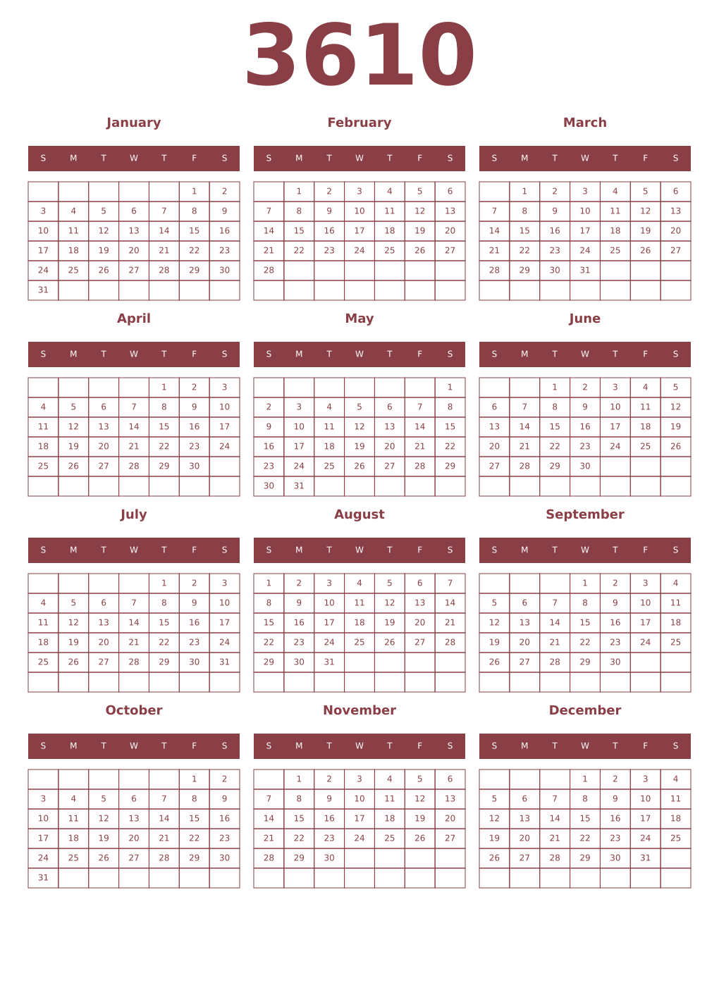 Printable 3610 Year Calendars cordovan