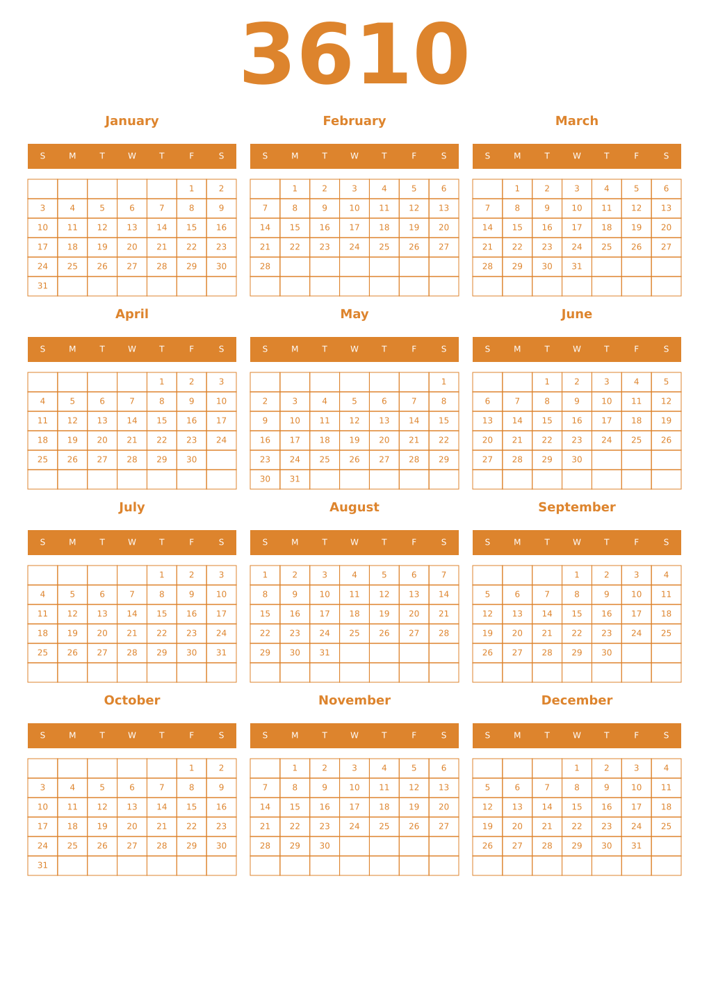 Printable 3610 Year Calendars orange