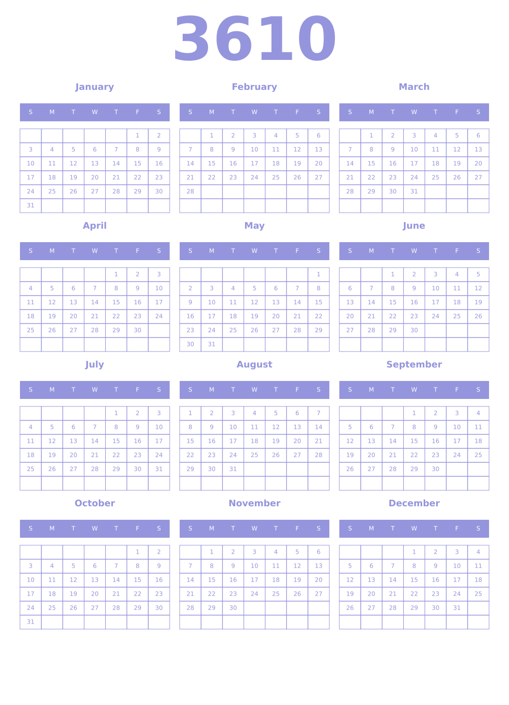 Printable 3610 Year Calendars periwinkle