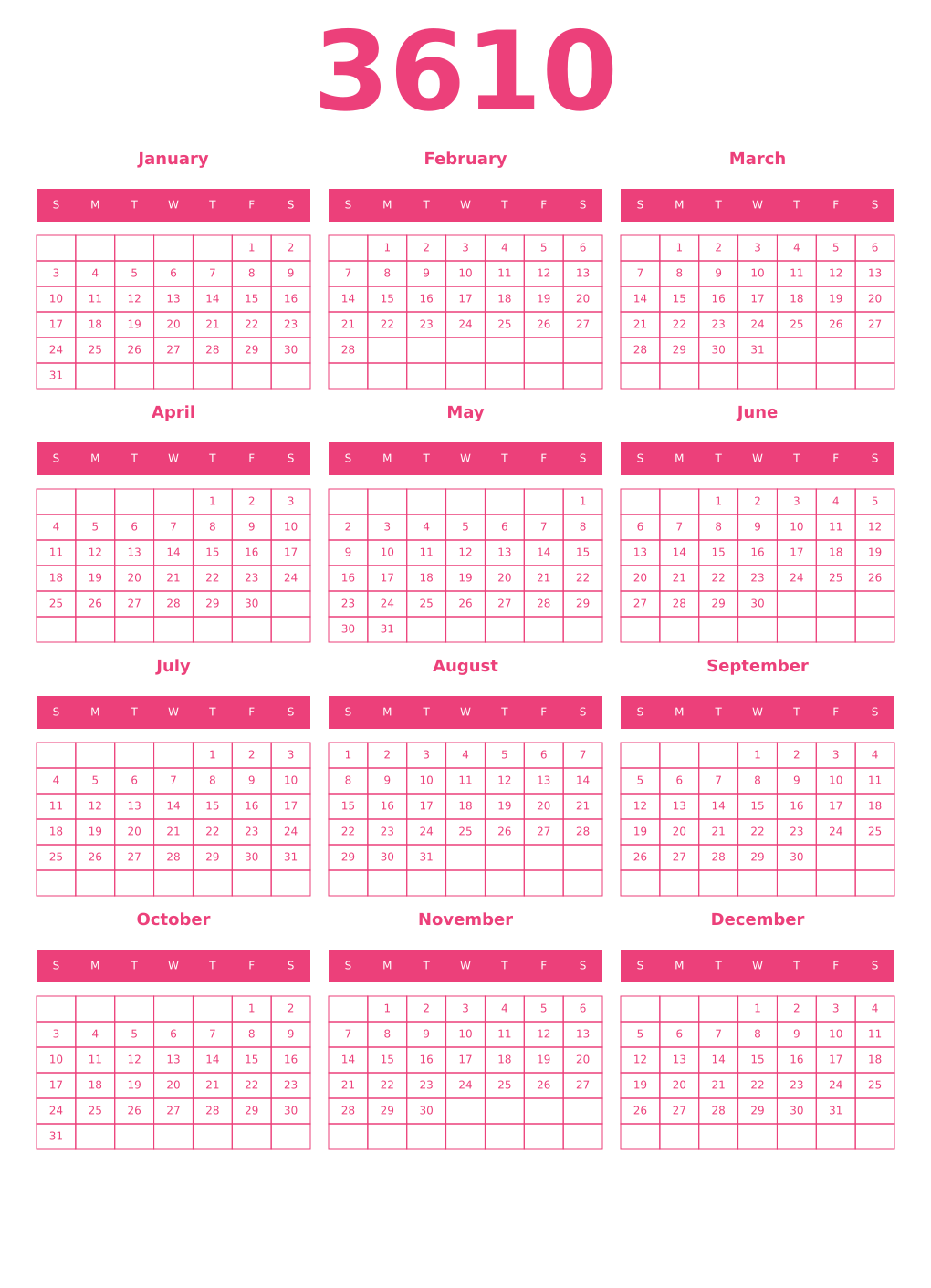 Printable 3610 Year Calendars pink