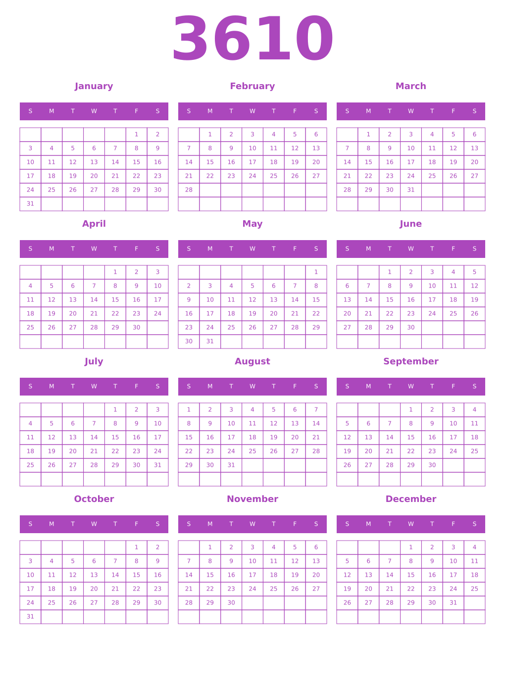 Printable 3610 Year Calendars purple