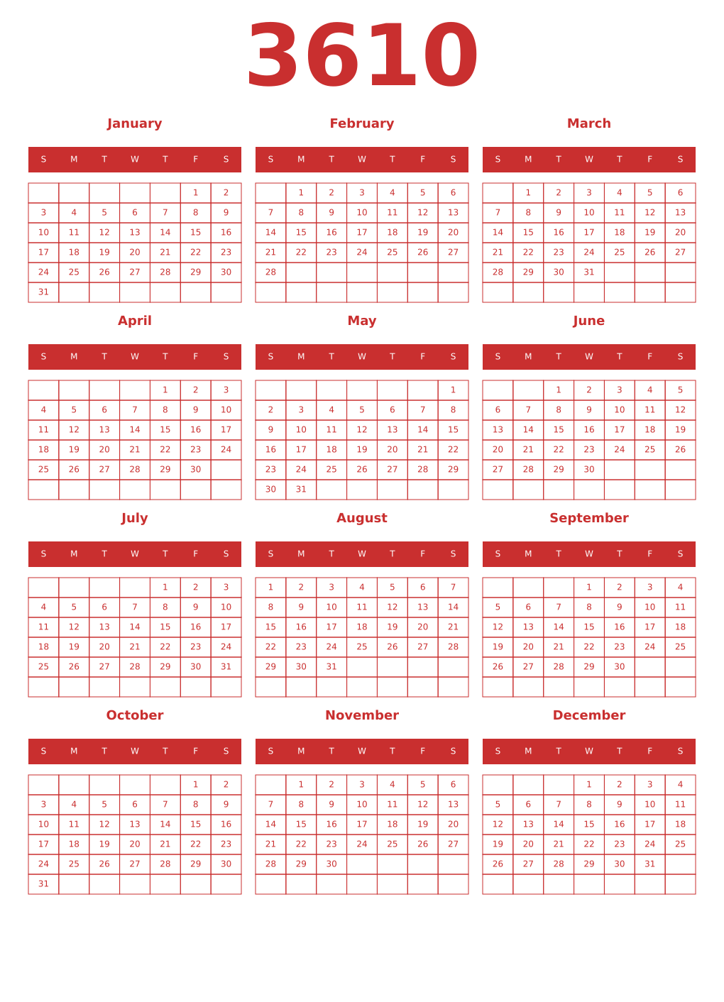 Printable 3610 Year Calendars red