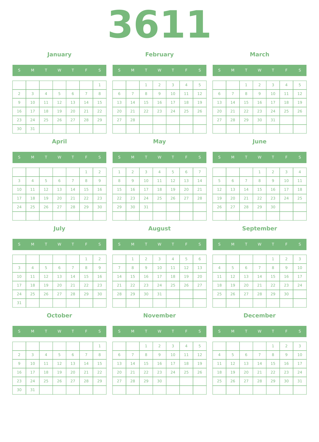 Printable 3611 Year Calendars celadon