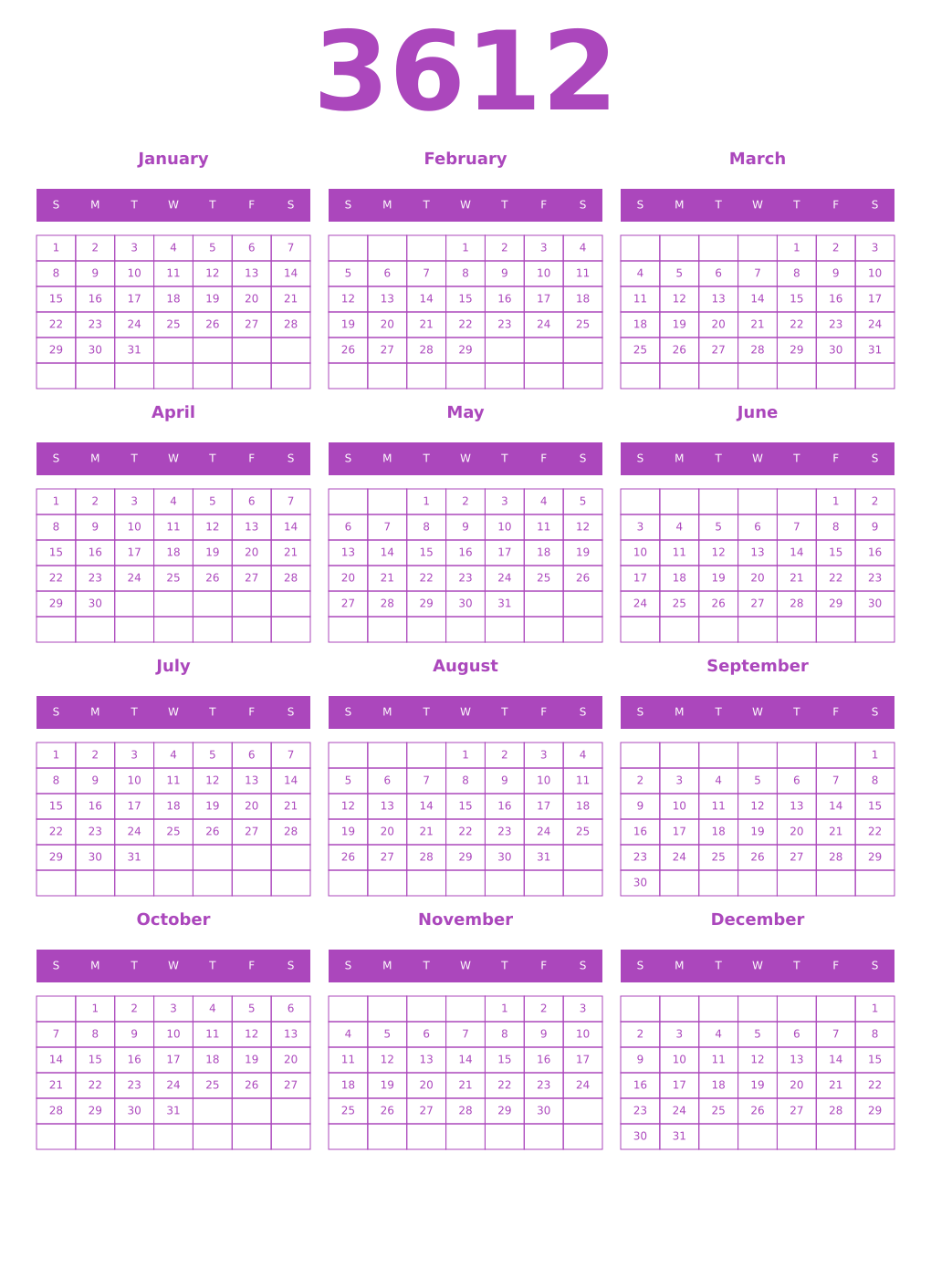 Printable 3612 Year Calendars purple