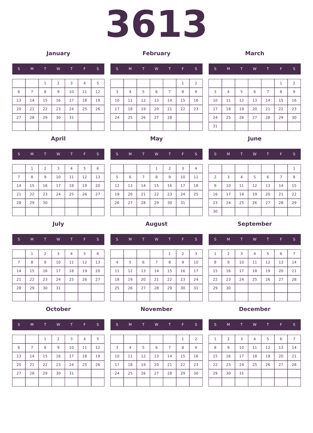 Printable 3613 Year Calendars aubergine