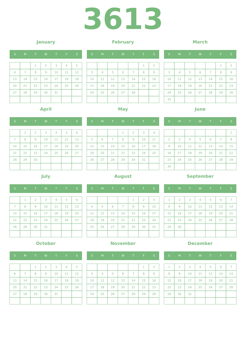 Printable 3613 Year Calendars celadon