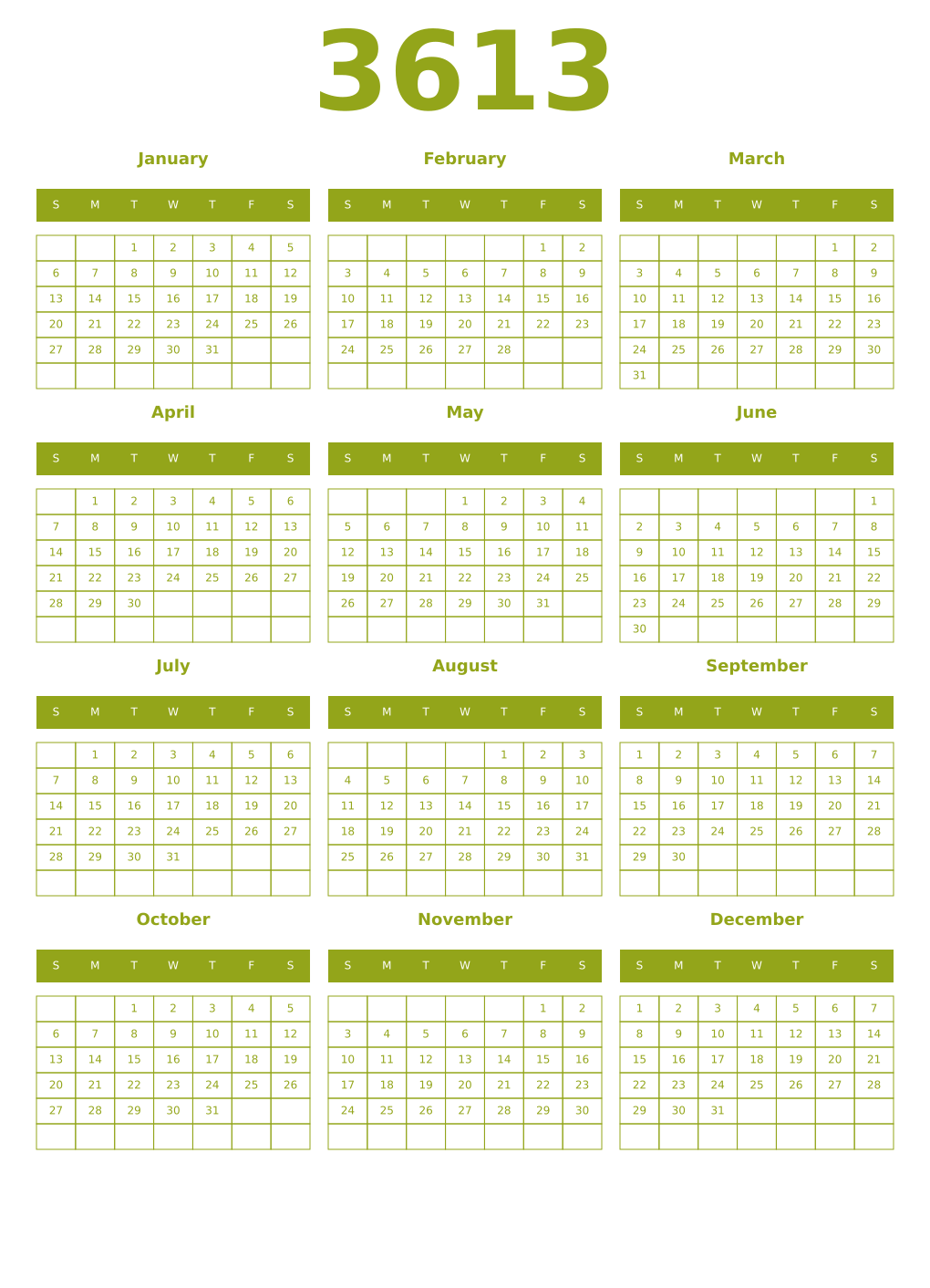 Printable 3613 Year Calendars chartreuse