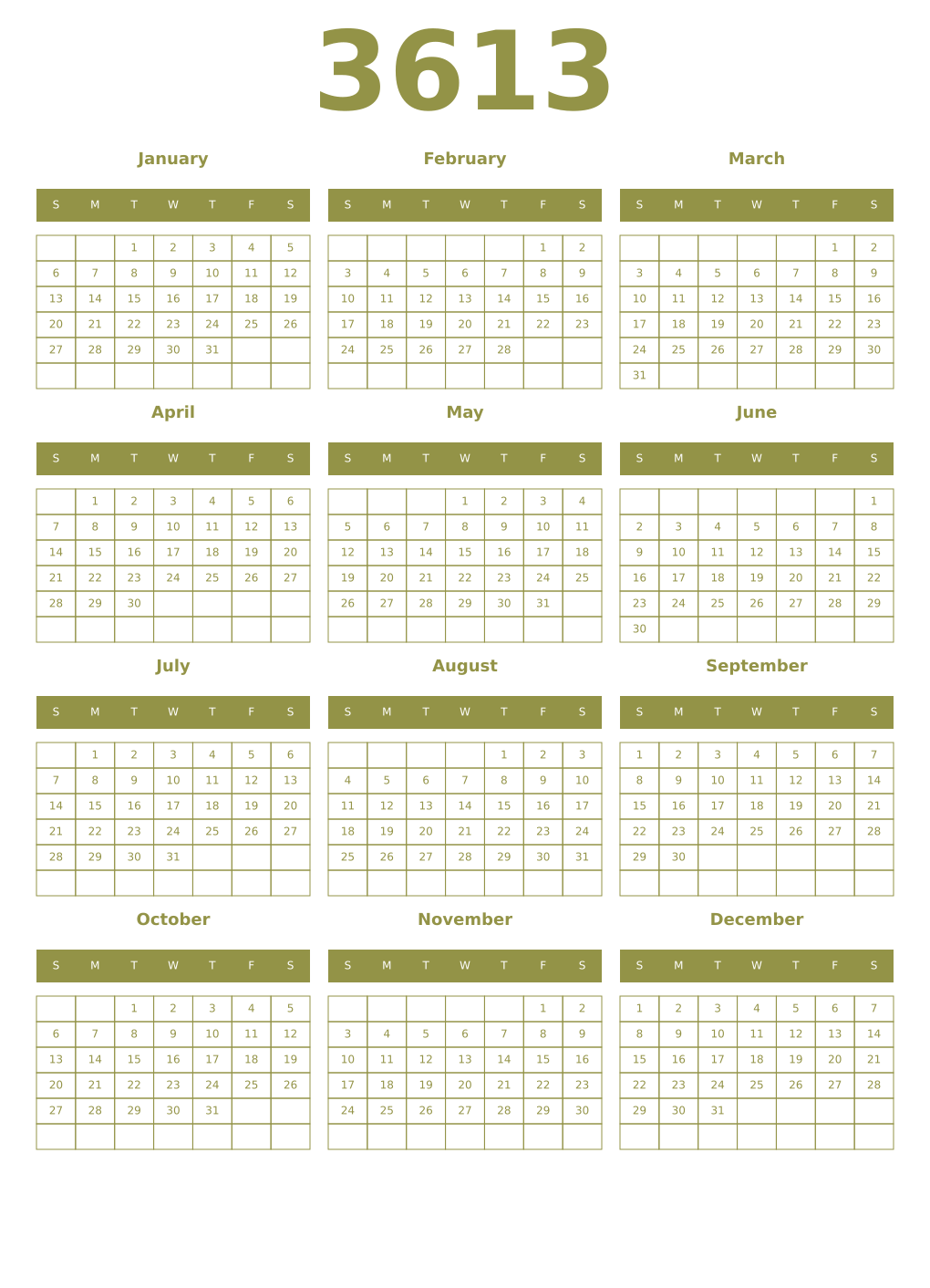 Printable 3613 Year Calendars eburnean