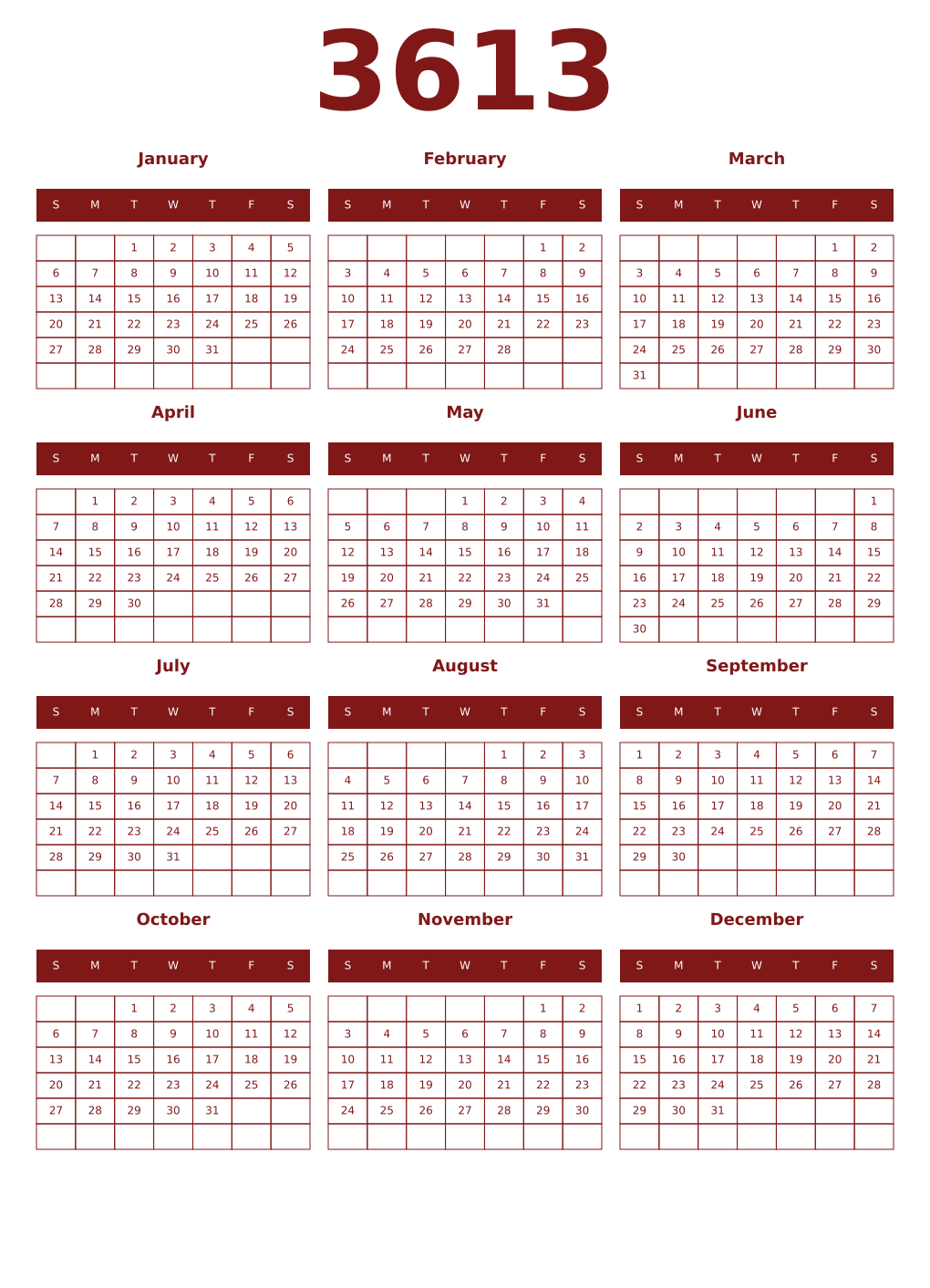 Printable 3613 Year Calendars falu