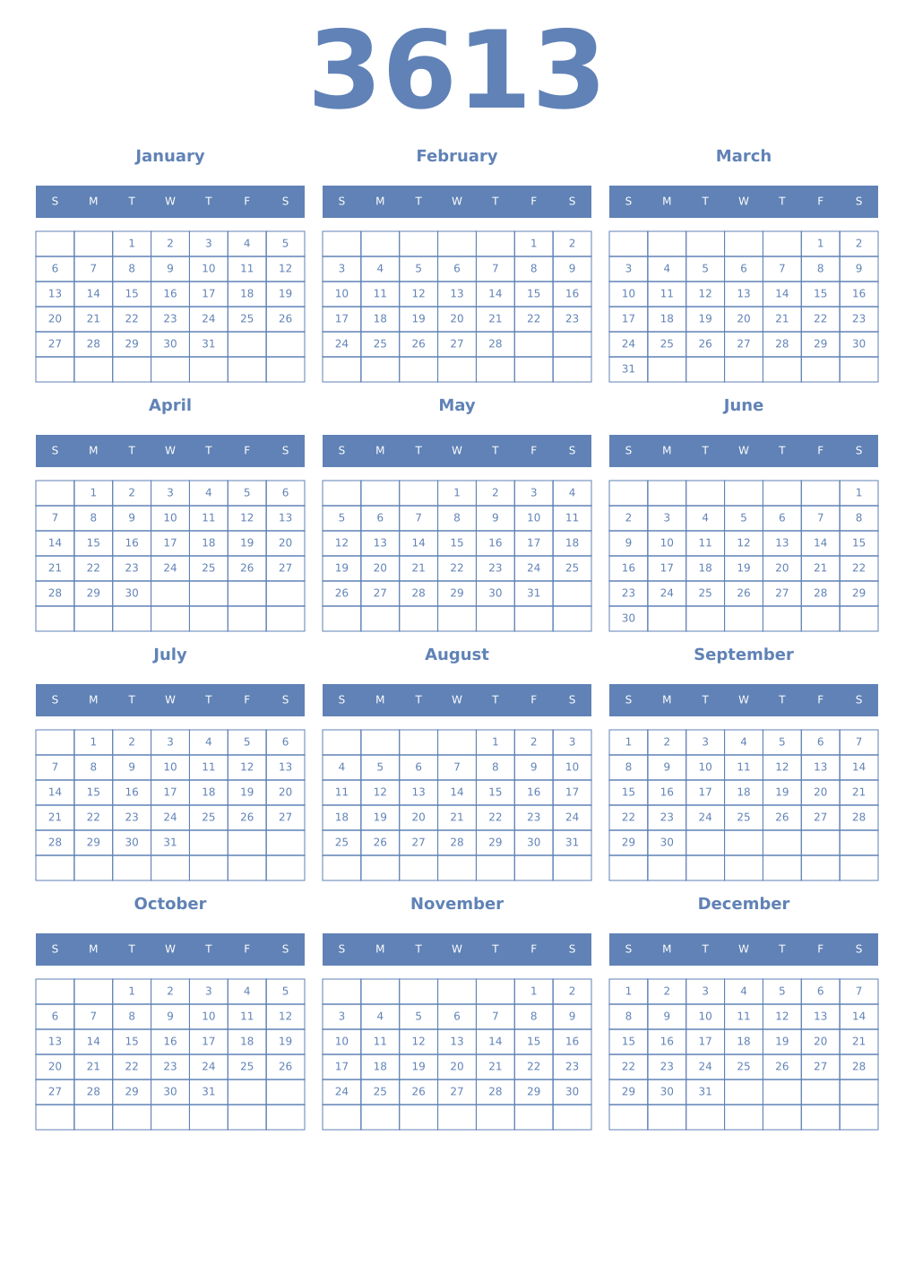 Printable 3613 Year Calendars glaucous