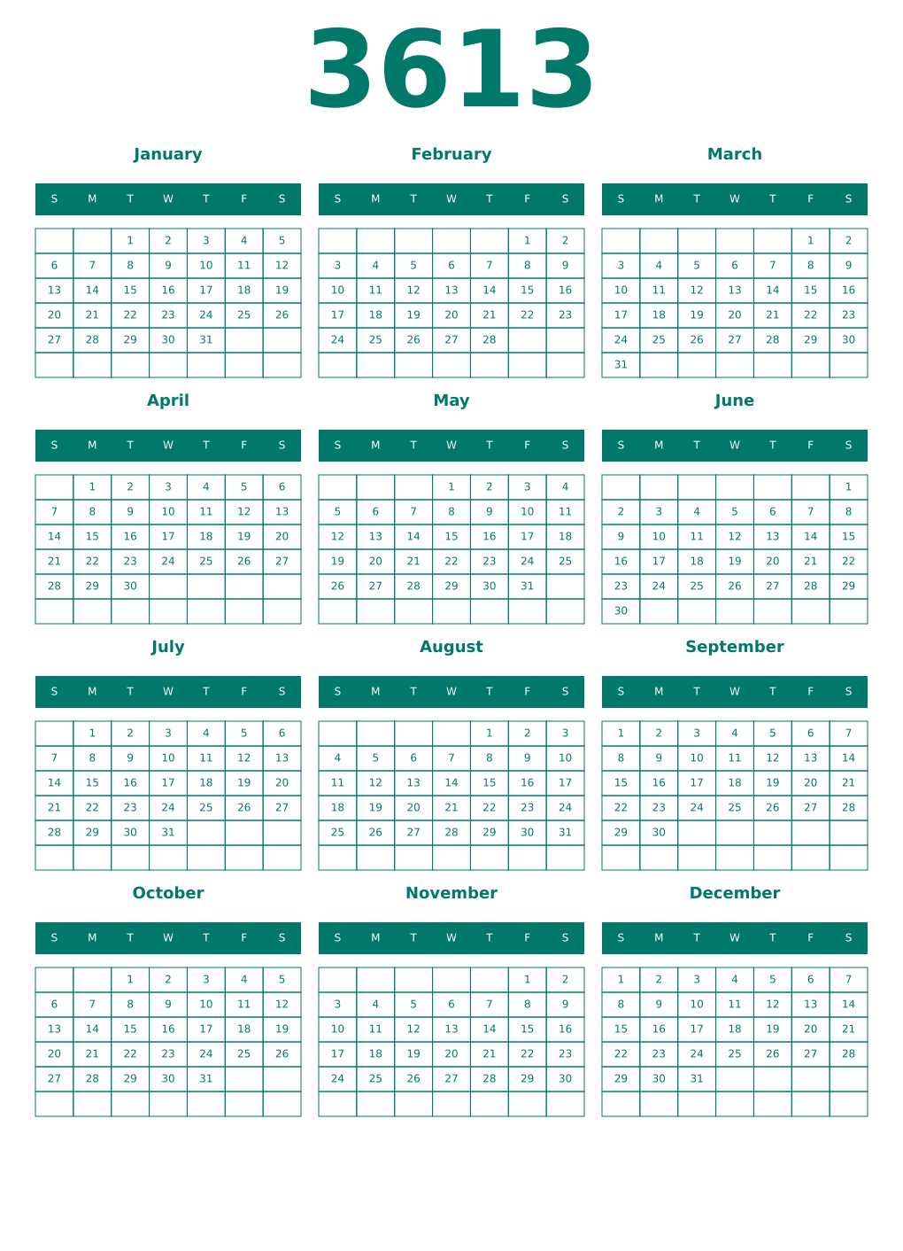 Printable 3613 Year Calendars pastel