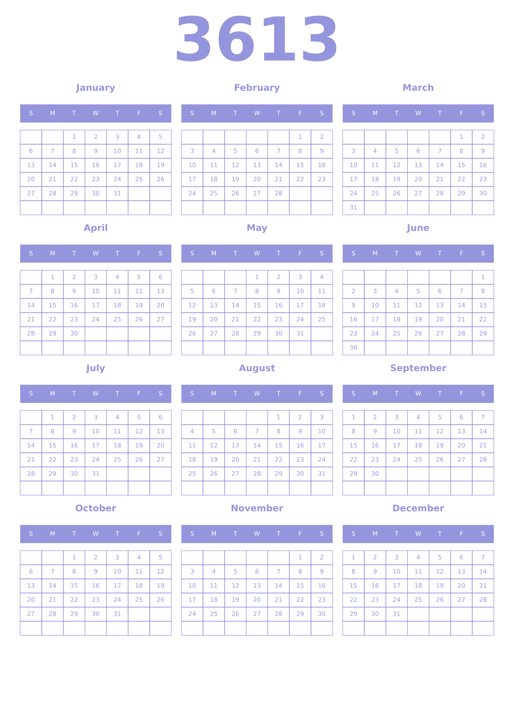 Printable 3613 Year Calendars periwinkle
