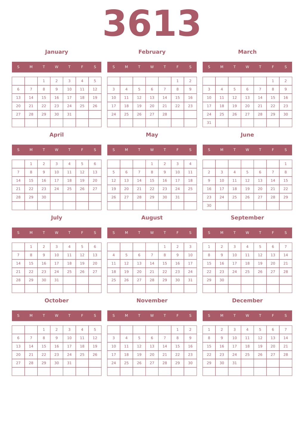 Printable 3613 Year Calendars puce