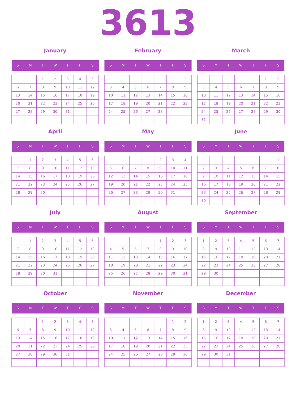 Printable 3613 Year Calendars purple