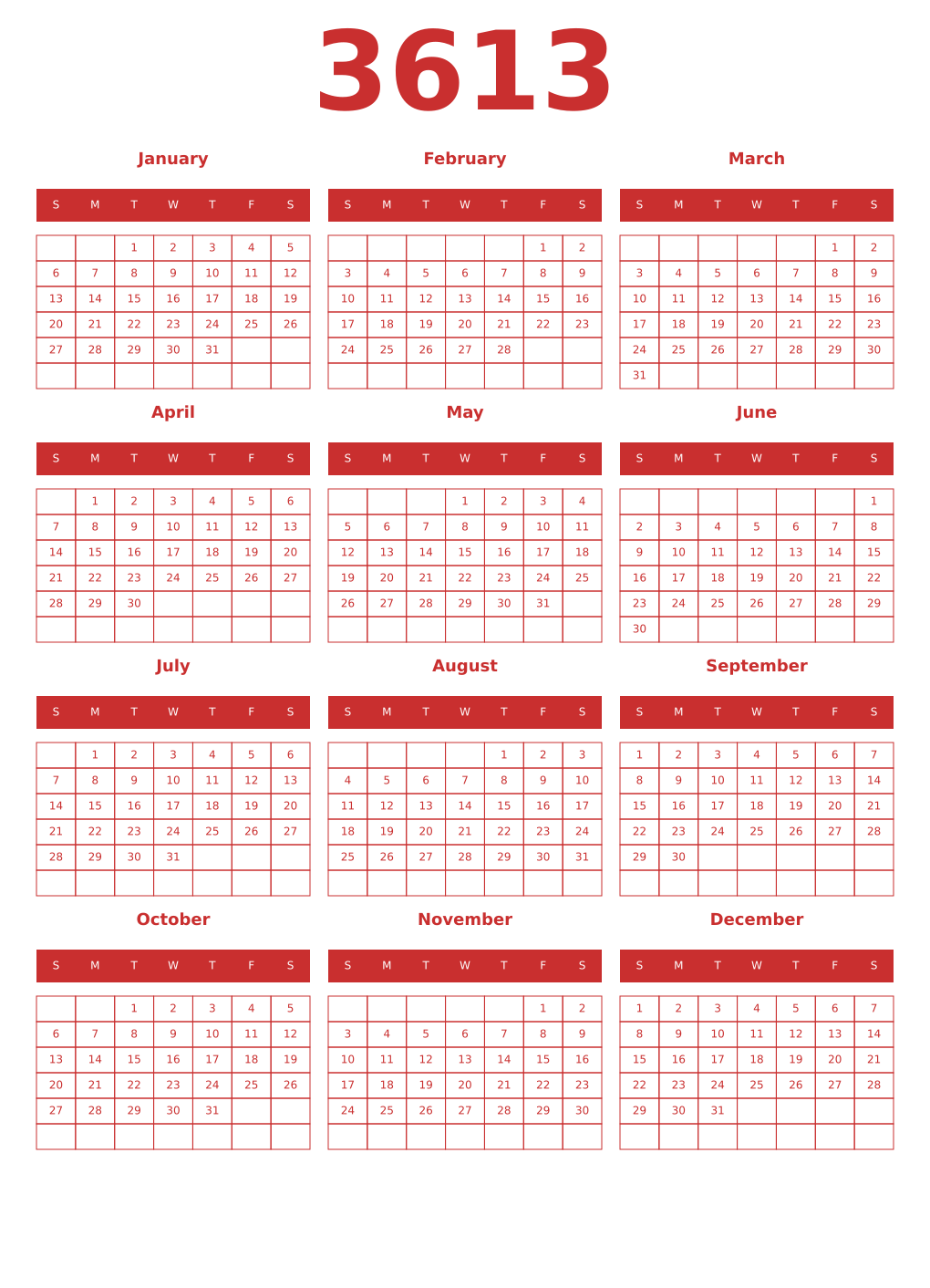 Printable 3613 Year Calendars red