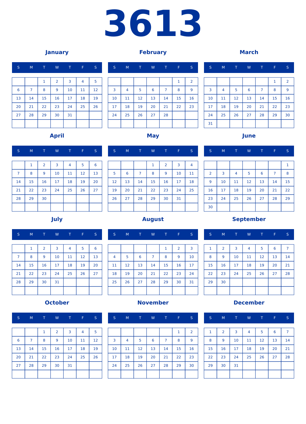 Printable 3613 Year Calendars smalt