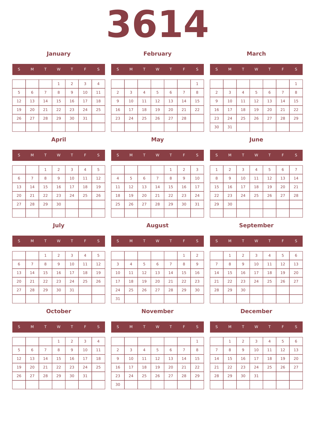 Printable 3614 Year Calendars cordovan