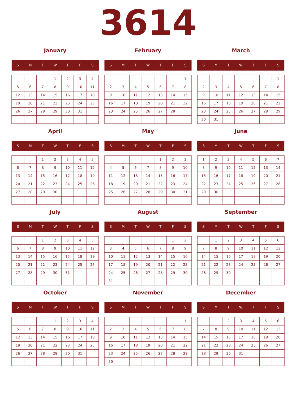 Printable 3614 Year Calendars falu