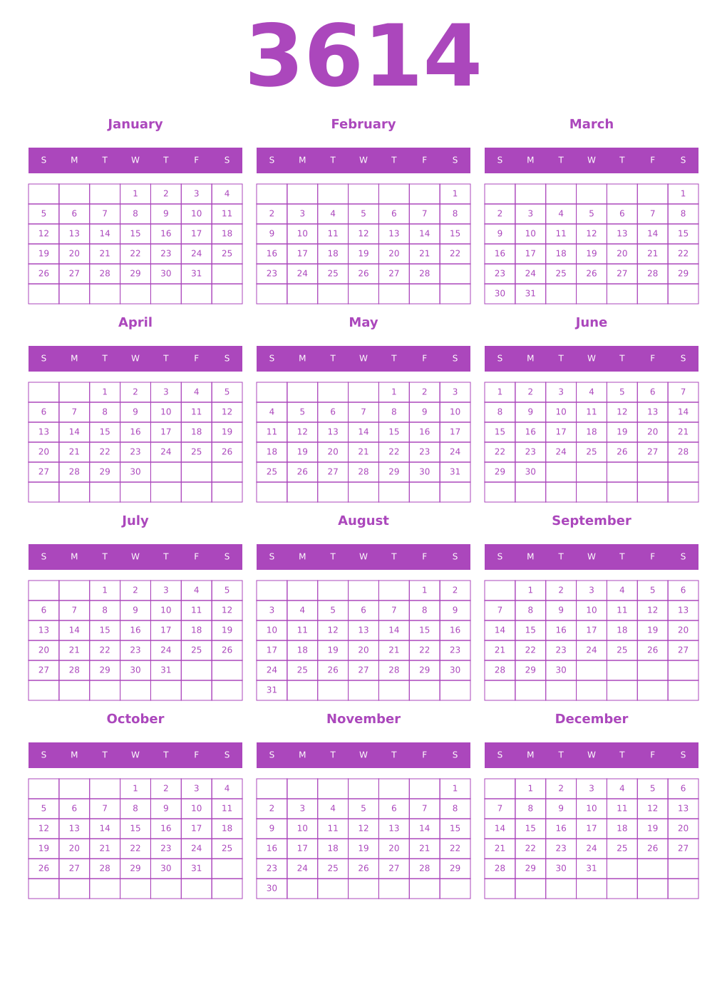 Printable 3614 Year Calendars purple