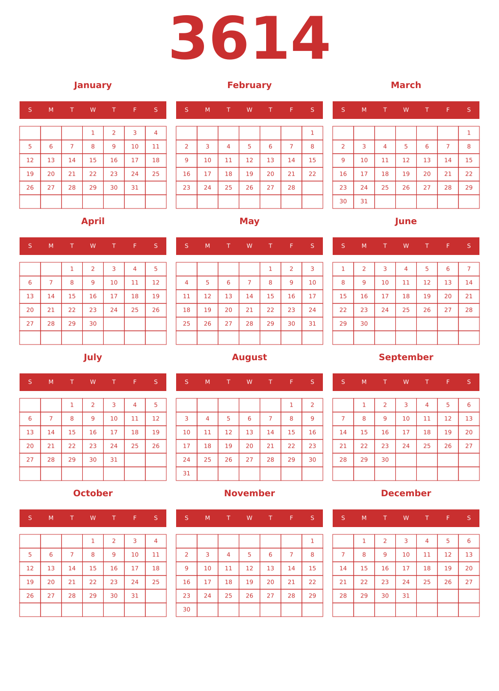 Printable 3614 Year Calendars red