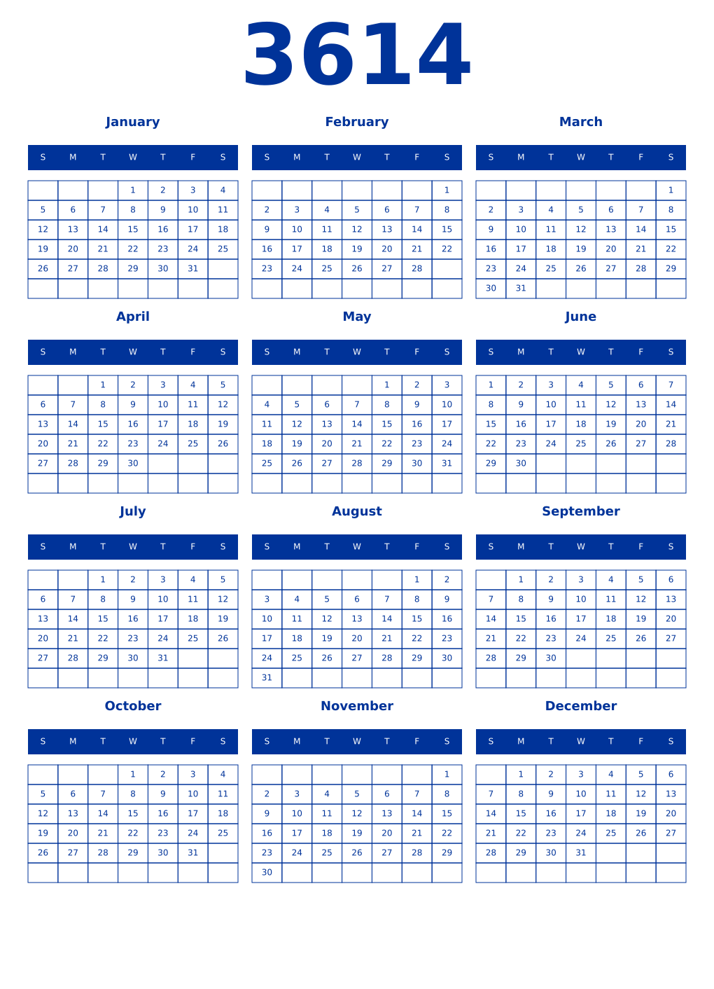 Printable 3614 Year Calendars smalt