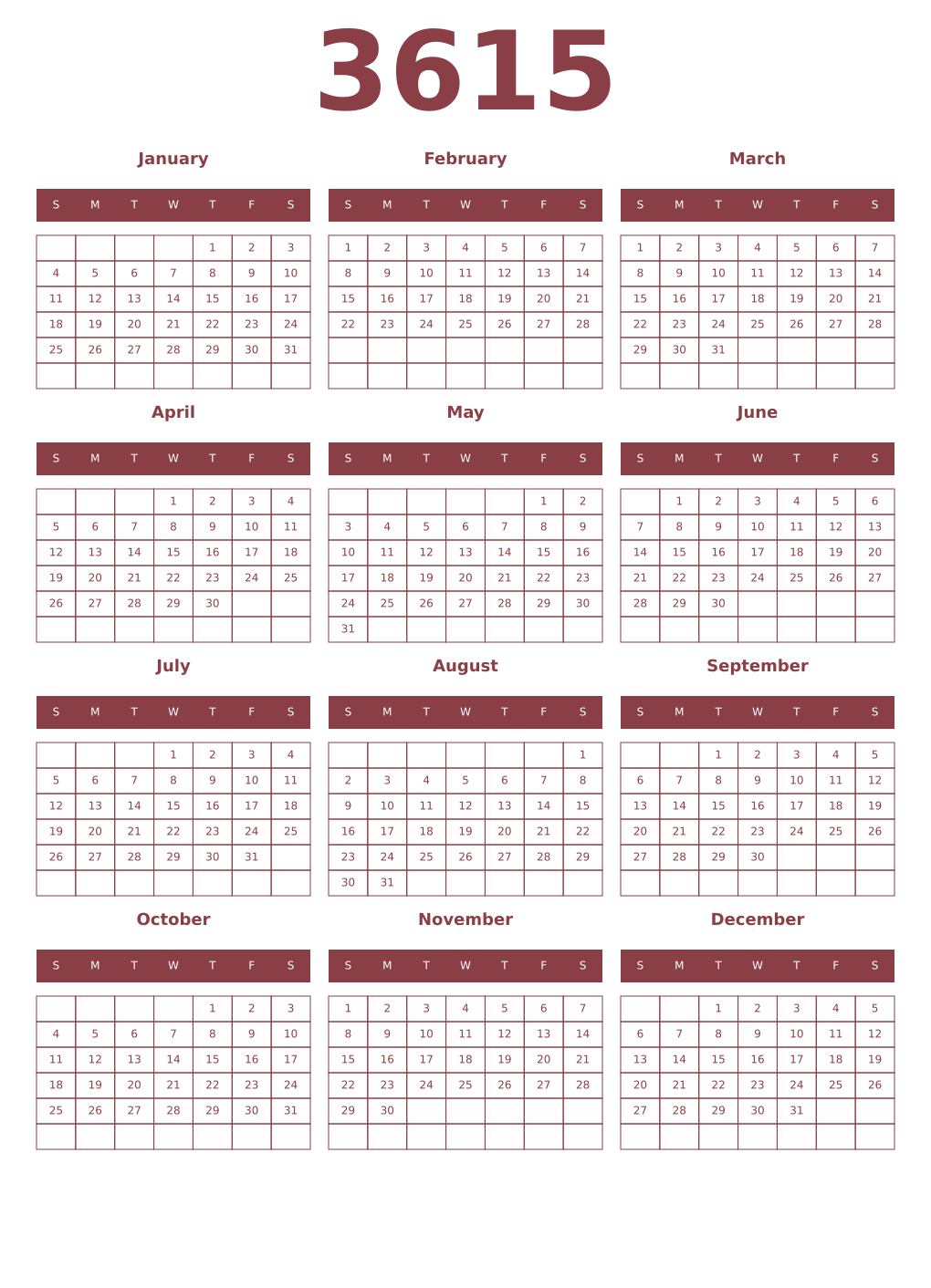 Printable 3615 Year Calendars cordovan