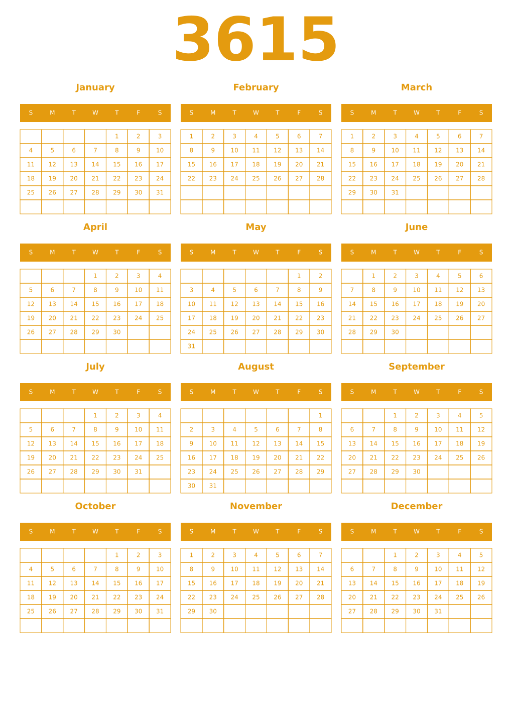 Printable 3615 Year Calendars gamboge
