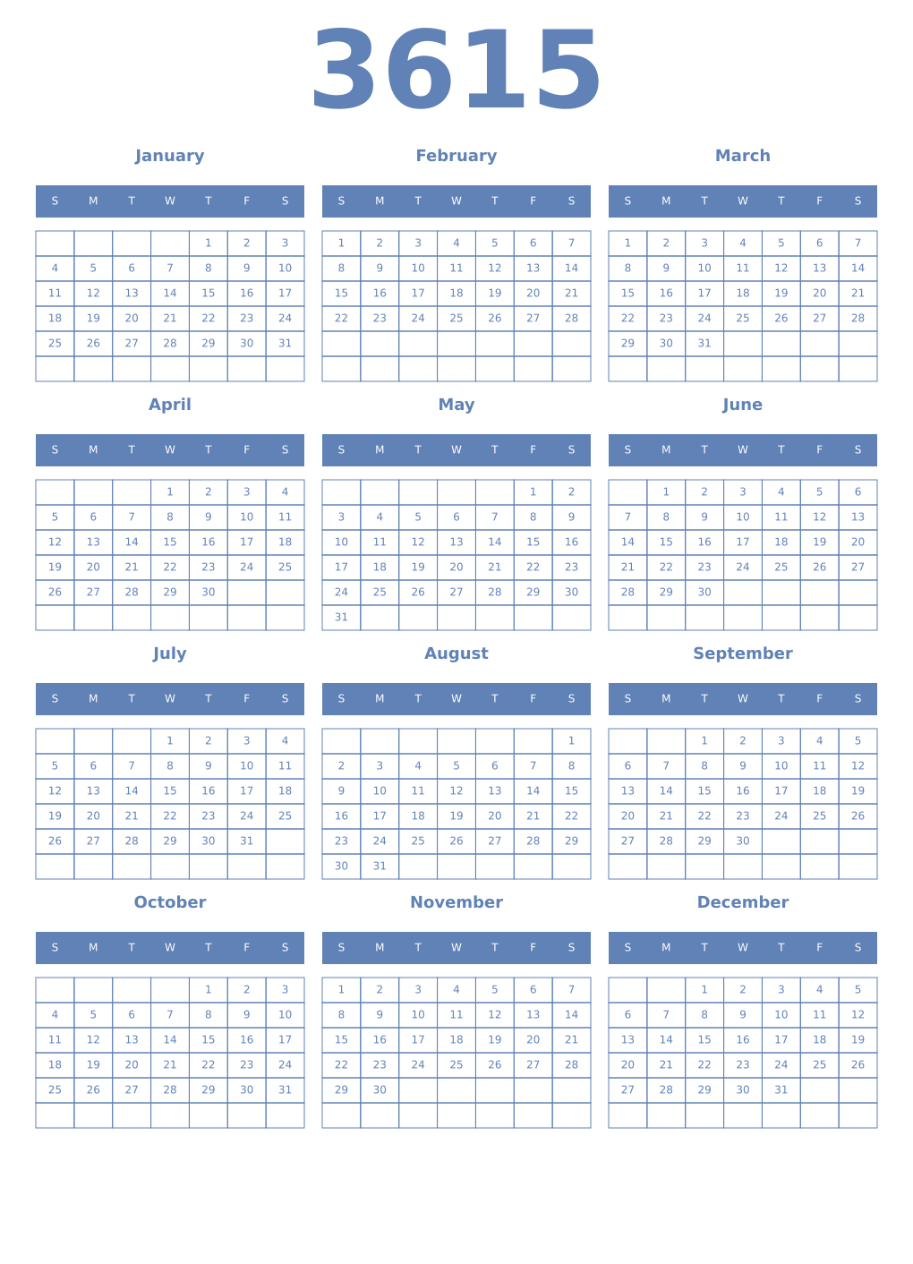 Printable 3615 Year Calendars glaucous
