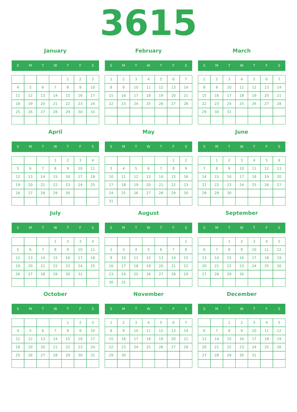 Printable 3615 Year Calendars green