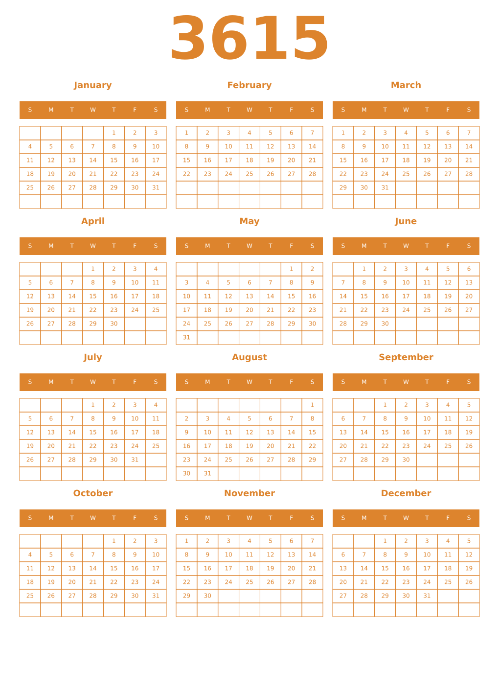 Printable 3615 Year Calendars orange