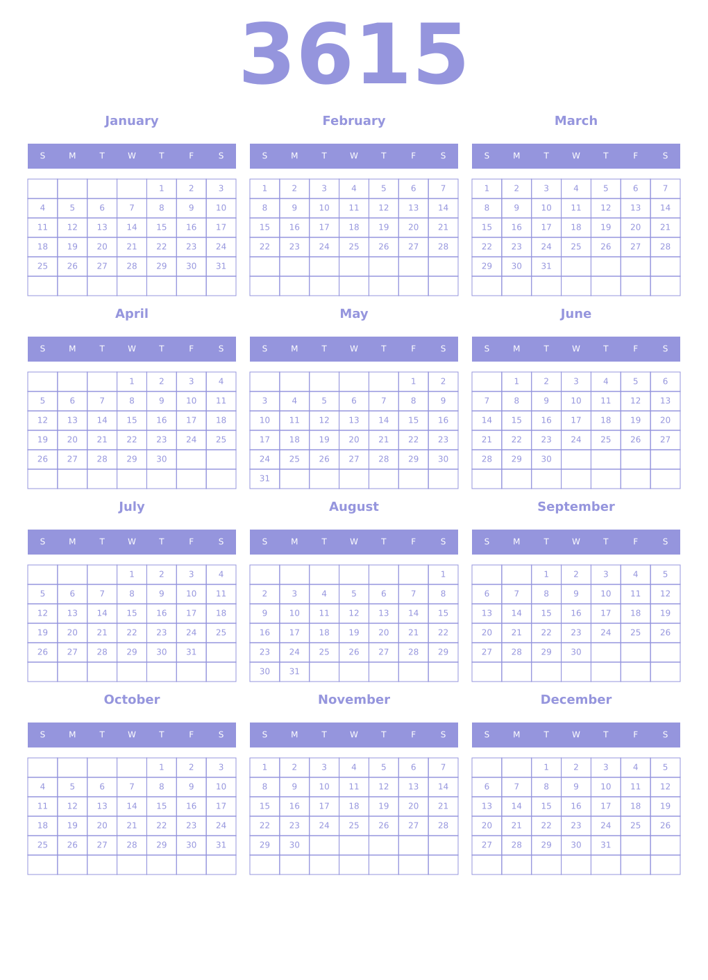 Printable 3615 Year Calendars periwinkle